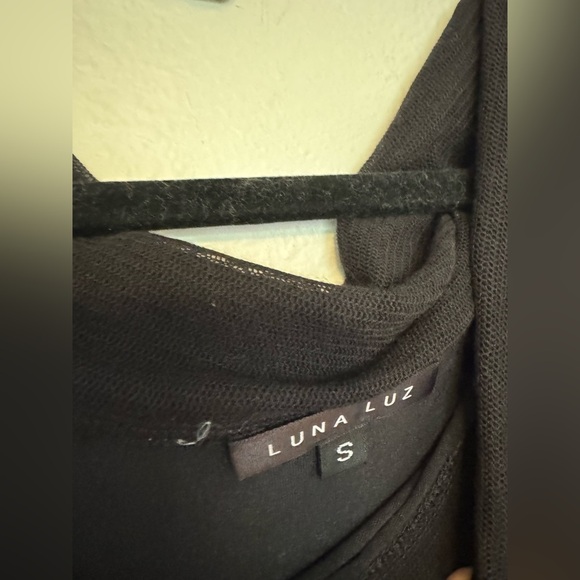 NEW Luna Luz Off Shoulder Dress Mesh Modal Cowl Neck Black Fitted Size Small NWT - Picture 2 of 7